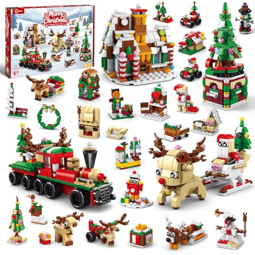 AKWME 28-in-1 Weihnachten Bauset mit, 1235-teiliges Weihnachtsbaustein Spielzeug für Kinder, Weihnachtsmann, Weihnachtsbaum, Eisenbahn, Haus, Tierbausteinen Partygeschenke Jungen Mädchen 6-12 von AKWME