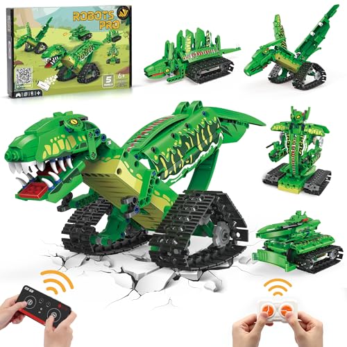 AKWME RC Roboter Technik Baukasten, 5in1 T-rex Dinosaurier Spielzeug mit APP oder Fernbedienung, DIY Mech Dinosaurier Spielzeug Programmierbare STEM Geburtstagsgeschenke für Kinder ab 6-12 Jahre von AKWME