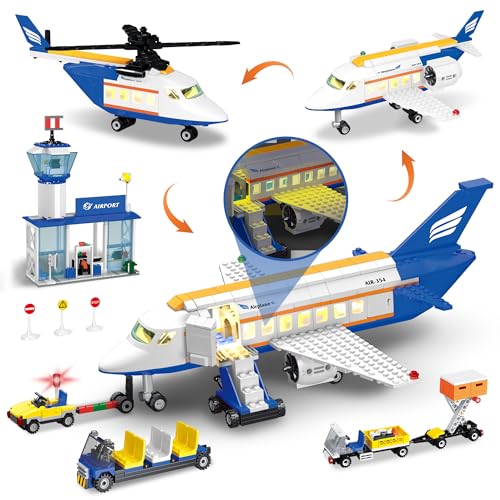 AKWME 3in1 City Flugzeug-Bausatz mit LED-Licht, 717PCS Flughafen Construction Toy Set, Plane STEM Spielzeug Geschenk für Kinder Jungen Mädchen ab 6 7 8 10 12+ Jahren von AKWME