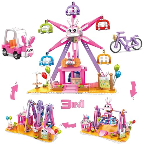 AKWME Friends Mädchen 3-in-1 Freizeitpark Bausteinset Spielzeug, STEM Riesenrad Kreativ Bausteinset, Geschenk Geburtstags Mädchen ab 6 8 10 12 Jahren (823 PCS) von AKWME