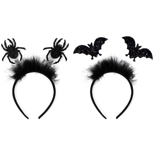 2 Stk Spinne Fledermaus Haarband Halloween Deko, Spinnen Ohren Haarreif mit Plüsch, Spinnen Deko Fledermaus Halloween Dekoration Accessoires, Haarschmuck Stirnband für Halloween Karneval Party Kostüm von ALEGRE