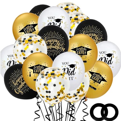 ALEGRE® 2025 Graduation Deko Luftballons Schwarz Gold, 20 Stk Congrats Prüfung Bestanden Deko Helium Ballon, Bachelor Deko Ballons, Abschlussfeier Luftballon Abschluss Deko, Abi 2025 Bachelor Geschenk von ALEGRE