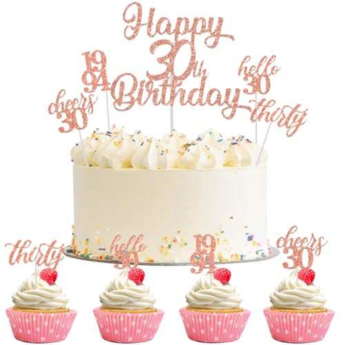 ALEGRE® Tortendeko 30 Geburtstag Frau Mann,25 Stk Cake Topper 30 Geburtstag Deko,Glitzer Kuchendeko 30. Geburtstag Deko,Cupcake Topper 30 Geburtstag Frauen Männer,Muffin Torten Deko 30 Geburtstag Rosa von ALEGRE