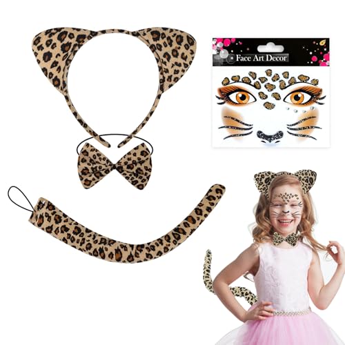 ALEGRE® Leoparden Kostüm Damen Set, Leoparden Ohren + Schwanz + Schleif Fliege + Gesichtstattoo, Leopard Kostüm Damen Erwachsene Karneval Ohren Stirnband für Halloween Karneval Cosplay Party Zubehör von ALEGRE