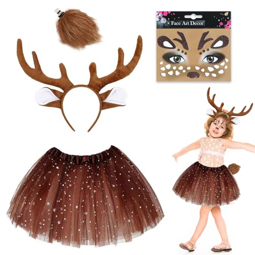 ALEGRE® Reh Kostüm Damen Set, Reh Haarreif mit Rentier Ohren+Ballettkeider+Schwanz+Gesichtstattoo, Rentier Tutu Tüllrock Karneval Kostüm Damen Erwachsene für Halloween Karneval Cosplay Party Zubehör von ALEGRE