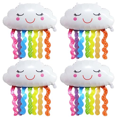 ALEGRE® 4 Stk Wolkenförmige Folienballon,XXL Lächelnde Quasten Luftballons Geburtstag,Wolken Helium Ballon Kindergeburtstag Deko Jungen Mädchen,Regenbogen Ballons für Geburtstag, BabyShower, Jubiläum von ALEGRE