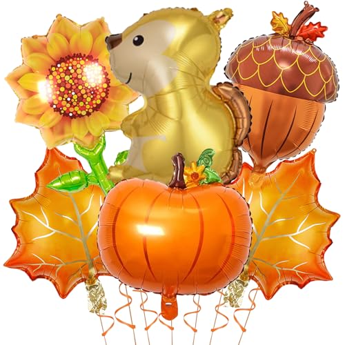 ALEGRE® Thanksgiving Deko Kürbisk Luftballons Orange, 6 Stk Ahornblatt Kürbis Deko Ballons, Herbstdeko Kürbis Folienballon, Herbst Deko Eichhörnchen Helium Ballon für Geburtstag Halloween Themen Party von ALEGRE