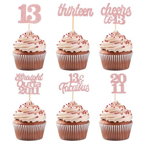 ALEGRE 13 Geburtstag Cupcake Topper Roségold Tortendeko 13. Geburtstag Mädchen Teenager,24 Stück Straight Outta 2011 Muffin Deko,Glitzer 13th Birthday Cake Topper zum 13 Geburtstag Deko von ALEGRE