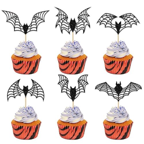 ALEGRE 24 Stück Fledermaus Tortendeko Halloween Muffin Deko,Glitzer Fledermaus Deko Kuchen,Halloween Fledermaus Cupcake Topper,Schwarz Kuchendeko für Halloween Party Deko von ALEGRE