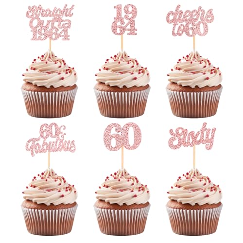 ALEGRE 24 Stück Tortendeko 60 Geburtstag Frau Mann,Straight Outta 1964 Cupcake Topper 60 Geburtstag,Glitzer 60 Geburtstag Deko Kuchen,Roségold Muffin Deko für 60 Geburtstag Party Supplies von ALEGRE