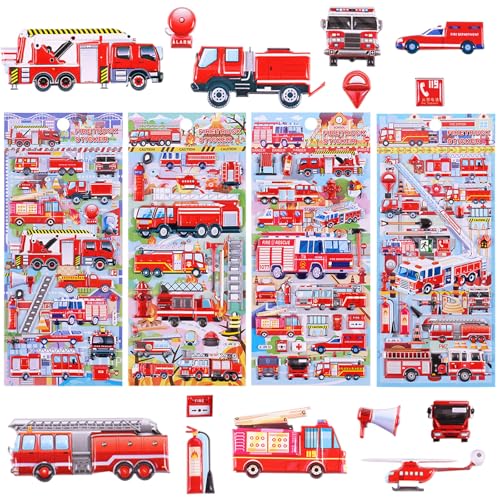 ALEGRE 3D Feuerwehr Sticker Kinder, 4 Blätter Puffy Aufkleber Kinder Sticker Set, Sticker Feuerwehr Aufkleber Junge Mädchen, Kinder Aufkleber für Belohnungssticker Party Kindergeburtstag Gastgeschenke von ALEGRE