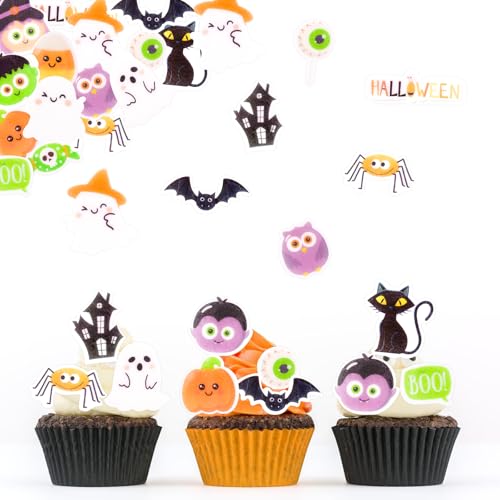 ALEGRE Essbare Tortendeko Halloween Cupcake Dekoration, 60 Stück BOO Geist Muffin Deko Halloween Deko Kuchen Essbar, Esspapier Tortendeko Kürbis Fledermaus, Essbare Kuchendeko Halloweenparty ALEGRE Essbare Tortendeko Halloween Cupcake Dekoration, 60 Stück BOO Geist Muffin Deko Halloween Deko Kuchen Essbar, Esspapier Tortendeko Kürbis Fledermaus, Essbare Kuchendeko Halloweenparty von ALEGRE