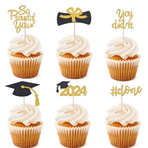 ALEGRE Abschluss Tortendeko Schwarz Gold,24 Stück Graduation Cupcake Toppers So Proud of You Kuchendeko,You Did It Tortenaufsatz,Kuchen Deko für Abschluss Deko,Abitur 2024 Deko,Prüfung Bestanden von ALEGRE