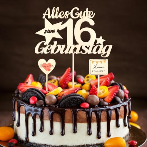 ALEGRE Holz Tortendeko 16 Geburtstag Mädchen Junge, 3 Stk Sweet 16 Kuchen Deko,Muffin Deko 16 Geburtstag Junge Mädchen,Deko Torte 16. Geburtstag 4mm,Alles Gute zum 16 Geburtstag Kuchendeko Cake Topper von ALEGRE