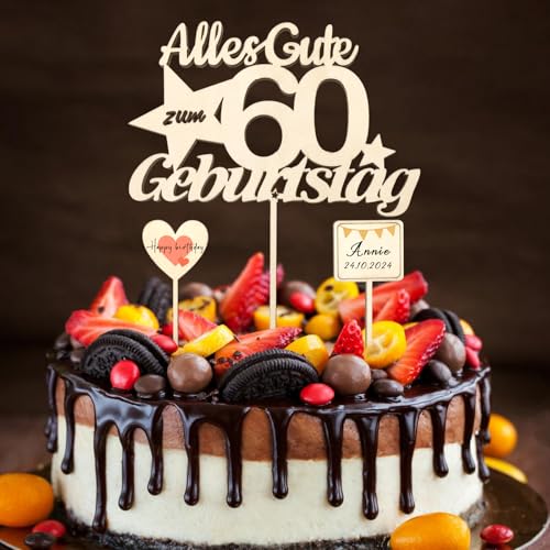 ALEGRE Holz Tortendeko 60 Geburtstag Frau Mann, Alles Gute zum 60 Geburtstag Deko, Torte Deko 60 Geburtstag Mann Frau, 60.ter Geburtstag Kuchendeko Cake Topper, Deko zum 60 Geburtstag Cupcake Topper von ALEGRE