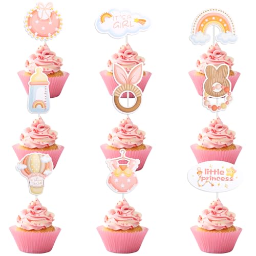 ALEGRE Babyparty Tortendeko Taufe Mädchen,18 Stück It's A Girl Deko Kuchen,Baby Girl Cupcake Topper Rosa,Baby Shower Tortendeko Gender Reveal Party Deko,Babyparty Deko Mädchen für Taufe Baby Shower von ALEGRE