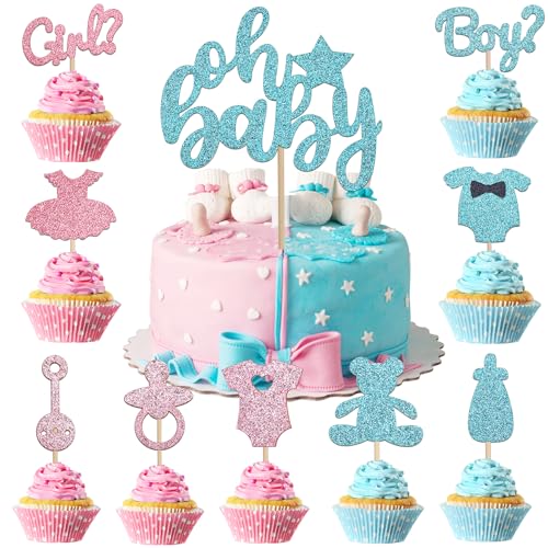 ALEGRE Boy or Girl Tortendeko Babyparty,30 Stück Oh Baby Cake Topper Gender Reveal Party Deko,Blau Rosa Glitzer Cupcake Topper,Oh Baby Kuchendeko für Jungen Mädchen Baby Shower Taufe von ALEGRE