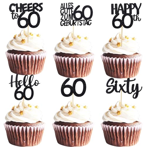 ALEGRE Cupcake Topper 60 Geburtstag Deko,24 Stück Schwarz Tortendeko 60 Geburtstag Mann Frau,Glitzer Happy 60th Muffin Deko,Cheers to 60 Kuchendeko 1965,Cupcake Deko Hello 60 Jahre Sixty von ALEGRE