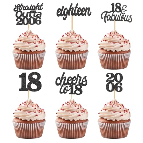 ALEGRE 24 Stück Glitzer Cupcake Topper 18. Geburtstag,Straight Outta 2006 Tortendeko 18 Geburtstag Junge Mädchen,Schwarz Muffin Deko Geburtstag 18,Kuchendeko für Hochzeit Jahrestag von ALEGRE