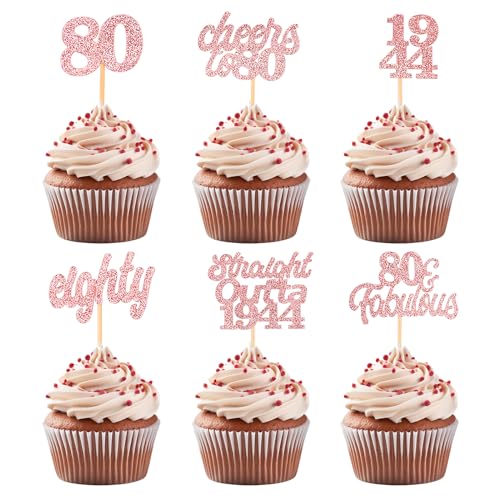 ALEGRE Cupcake Toppers 80 Geburtstag,Glitzer Tortendeko 80 Geburtstag Frau Mann,Straight Outta 1944 Kuchen Deko Geburtstag 80 Jahre,Rosegold 80 Geburtstag Deko,Cheers to 80 Muffin Deko von ALEGRE