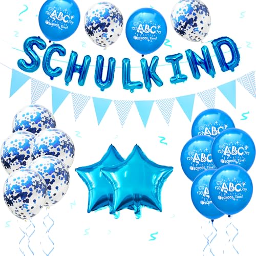 ALEGRE Deko Einschulung Junge Blau,Luftballons Einschulung Deko Junge,Girlande Schulkind Deko,Luftballons Schulanfang Deko Set,Schuleinführung Deko,ABC Folienballon Einschulung,Einschulungsdeko Jungen von ALEGRE