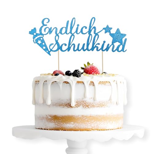 ALEGRE Endlich Schulkind Cake Topper Blau, Glitzer Schulanfang Tortendeko Einschulung Torten Deko, Schulkind 2024 Kuchen Deko, Zuckertüte Kuchendeko für Junge Mädchen Schuleinführung Party Dekoration von ALEGRE