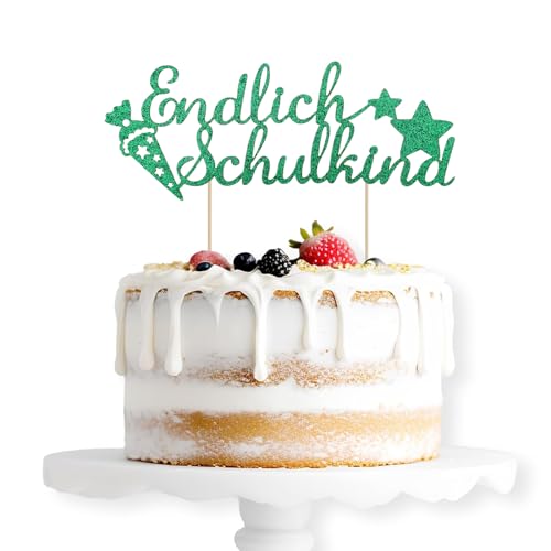 ALEGRE Endlich Schulkind Cake Topper Grün, Glitzer Schulanfang Tortendeko Einschulung Torten Deko, Schulkind 2024 Kuchen Deko, Zuckertüte Kuchendeko für Junge Mädchen Schuleinführung Party Dekoration von ALEGRE