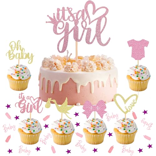 ALEGRE® Its a Girl Tortendeko Babyparty Mädchen, Baby Shower Deko Girl, Baby Shower Tortendeko Gender Reveal Party Deko, Babyparty Deko Mädchen, Muffin Deko Rosa für Taufe Deko,Baby Shower,Babyparty von ALEGRE