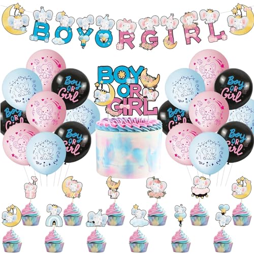 ALEGRE Gender Reveal Party Dekoration Set,32 Stück Elefant Babyparty Deko,mit Boy Or Girl Deko Girlande,Baby Tortendeko,Baby Shower Deko Luftballons,Baby Gender Reveal Party Deko Blau Rosa von ALEGRE