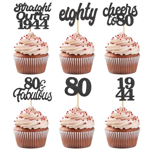 ALEGRE Glitzer Cupcake Topper 80 Geburtstag,24 Stück Schwarz Tortendeko 80 Geburtstag Frau Mann,Straight Outta 1944 Cupcake Deko 80. Geburtstag,Cake Topper 80 Geburtstag Deko,Cheers to 80 Kuchendeko von ALEGRE