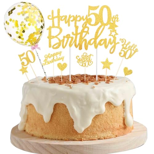 ALEGRE Tortendeko 50 Geburtstag Mann Frau,Happy 50th Birthday Cake Topper 50. Geburtstag Deko,10 Stück Gold Hello 50 Torten Deko 50,Happy Birthday Kuchendeko 50 Jahre Frauen Männer von ALEGRE