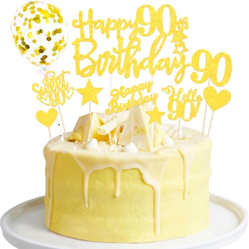 ALEGRE Torten Deko 90. Geburtstag Frau Mann,10 Stück Cake Topper 90 Geburtstag Deko,Gold Glitzer 90. Geburtstag Tortendeko,Happy 90th Birthday Kuchendeko 90. Geburtstag,Hello 90 Cake Topper von ALEGRE