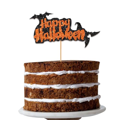 ALEGRE Glitzer Tortendeko Halloween,Happy Halloween Kuchen Deko,Horror Halloween Cake Topper,Kuchendeko Schwarz Orange,Horror Kuchen Topper für Halloween Party Deko,Fledermaus Tortendeko von ALEGRE