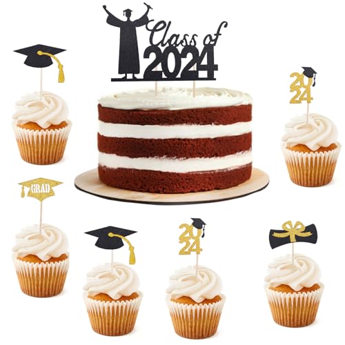 ALEGRE Graduation Tortendeko Abschluss Deko Schwarz Gold,13 Stück Graduation Cap Cake Topper ABI 2025 Kuchen Deko,Glitzer Abschluss Deko für Torten zum Abschlussfeier,2025 Graduation Party von ALEGRE