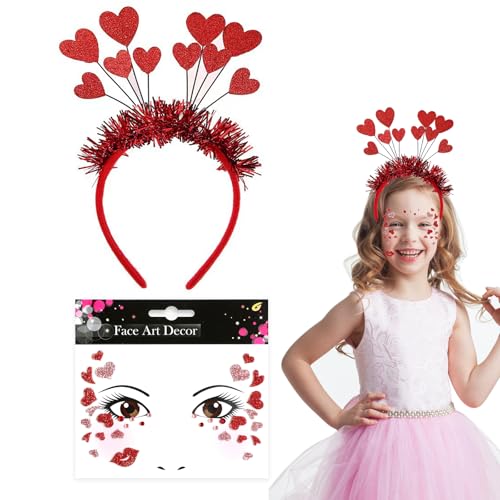 ALEGRE Herz Haarreif Rot + Gesichtstattoo Herz Face Art Sticker, Valentinstag Deko Herz Kostüm Damen Accessoire, Herz Stirnband für Hochzeit, Verlobungs, Karneval Party, Kostüm Party, Foto Requisiten von ALEGRE