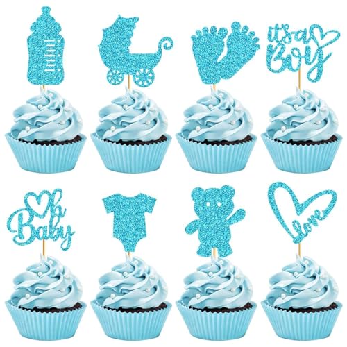 ALEGRE It's a Boy Tortendeko Baby Junge,16 Stück Baby Boy Mffin Deko Babyparty Junge,Blau Baby Cupcake Topper Baby Shower Deko Glitzer,Baby Shower Tortendeko Gender Reveal Party Deko,Taufe Kuchen Deko von ALEGRE