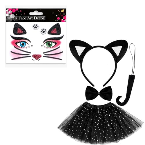 ALEGRE Katzenkostüm Damen Set,Katzenohren Haarreif+Ballettkeider+Schleif Fliege+Schwanz+Gesichtstattoo,Katze Kostüm Damen Erwachsene Karneval Tutu Tüllrock für Halloween Karneval Cosplay Party Zubehör von ALEGRE