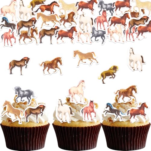 ALEGRE 48 Stück Pferd Tortendeko Essbar,Pferde Geburtstagsdeko,Pferde Kuchendeko Essbare,Essbare Pferd Cupcake Topper,Esspapier Pferd Muffin Deko Essbar,Pferde Deko Kindergeburtstag,Tortendeko Pferd von ALEGRE