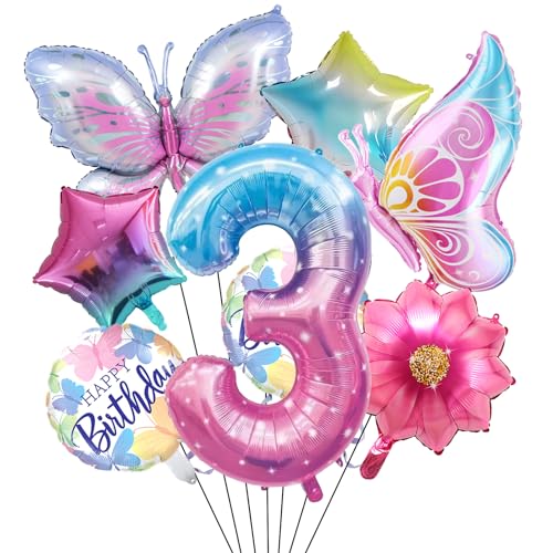 ALEGRE Schmetterling Folienballon Geburtstagsdeko 3 Jahre Mädchen,Schmetterlinge Deko 3 Geburtstag Mädchen,Schmetterling Luftballon 3 Jahre Geburtstag Deko,Folienballons für Schmetterling Themen Party von ALEGRE