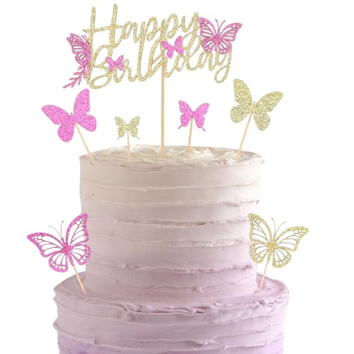 ALEGRE Tortendeko Schmetterlinge,Schmetterling Deko Geburtstag,7 Stück Happy Birthday Cake Topper Rosa,Schmetterling Tortendeko Mädchen,Kuchen Deko Geburtstag,Glitzer Schmetterlinge Deko Torte von ALEGRE