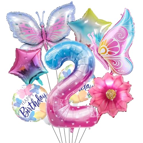 ALEGRE® Schmetterlinge Deko 2. Geburtstag Mädchen,Schmetterling Folienballon 2 Geburtstag mädchen,Geburtstagsdeko 2 Jahre Mädchen Schmetterling Luftballon,Folienballons für Schmetterling Themen Party von ALEGRE