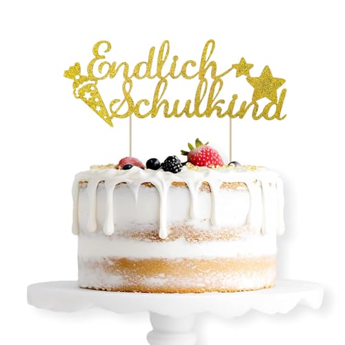 ALEGRE Endlich Schulkind Cake Topper Gold, Glitzer Schulanfang Tortendeko Einschulung Torten Deko, Schulkind 2024 Kuchen Deko, Zuckertüte Kuchendeko für Junge Mädchen Schuleinführung Party Dekoration von ALEGRE