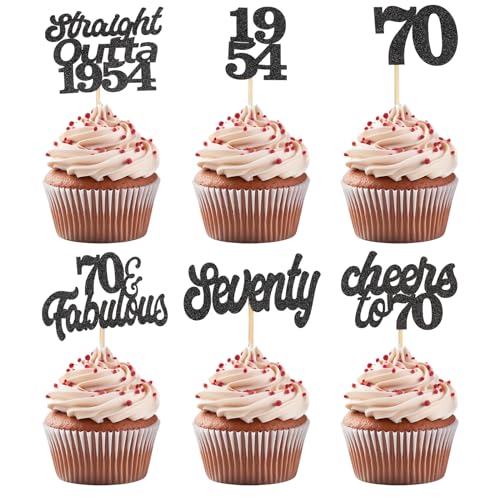 ALEGRE Schwarz Tortendeko 70 Geburtstag Mann Frau,24 Stück 70 Geburtstag Cupcake Topper Deko 70 Geburtstag von 1954,Straight Outta 1954 Muffin Deko,Glitzer Cheers to 70 Seventy Kuchendeko von ALEGRE