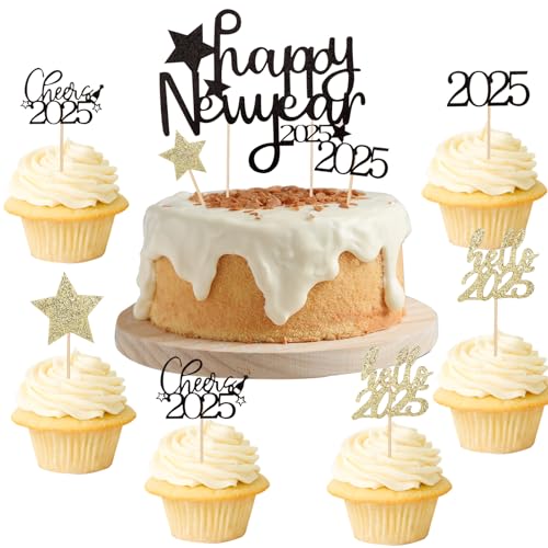 ALEGRE Silvester Deko 2025 Tortendeko 9 Stück Happy New Year Tortendeko,Hello 2025 Cake Topper Schwarz Gold Kuchendeko Neujahr,Stern Cupcake Topper für 2025 Neujahr Deko von ALEGRE