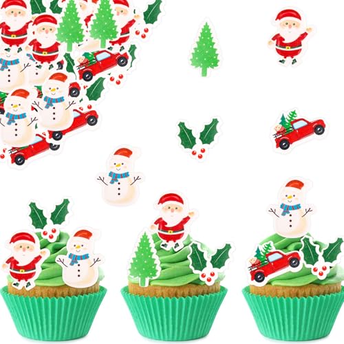 ALEGRE 48 Stück Tortendeko Weihnachten Essbar,Essbare Weihnachtsdeko für Torte,Kuchen Deko Weihnachten Essbare,Weihnachtsmann Cupcake Topper,Esspapier Weihnachten,Streudeko Weihnachten Essbar von ALEGRE