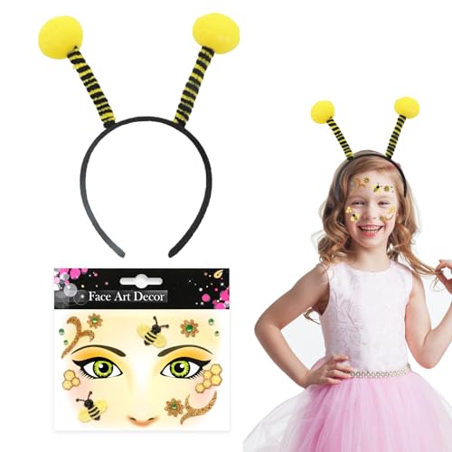 Bienen Kostüm Damen Accessoire, Bienen Haarreif + Gesichtstattoo Biene Face Art Sticker, Karneval Deko Biene Kostüm Kinder, Face Tattoo Haarreif Biene Set für Karneval Fasching Cosplay Party Zubehör von ALEGRE