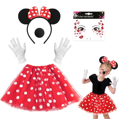 Damen Maus Mouse Kostüm Set, Maus Ohren mit Schleife+Ballettkeider+Haarreifen+Handschuhe+Nase+Gesichtstattoo, Mouse Tutu Tüllrock Karneval Kostüm Damen für Halloween Karneval Cosplay Party Zubehör von ALEGRE