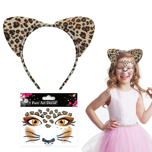 Leopard Kostüm Set,Haarreif Leoparden Ohren + Gesichtstattoo Leopard Face Art Sticker,Karneval Deko Leoparden Kostüm Kinder Damen Accessoire,Leopardenohren für Karneval Fasching Cosplay Party Zubehör von ALEGRE