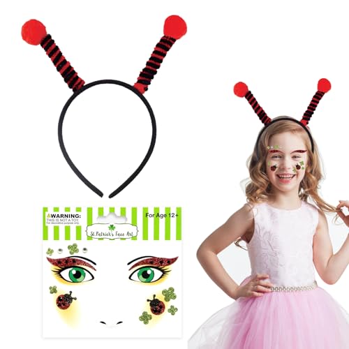 Marienkäfer Kostüm Damen Accessoire, Marienkäfer Haarreif + Gesichtstattoo Ladybug Face Art Sticker, Karneval Deko Ladybug Kostüm Kinder, Haarreif Ladybug für Karneval Fasching Cosplay Party Zubehör von ALEGRE