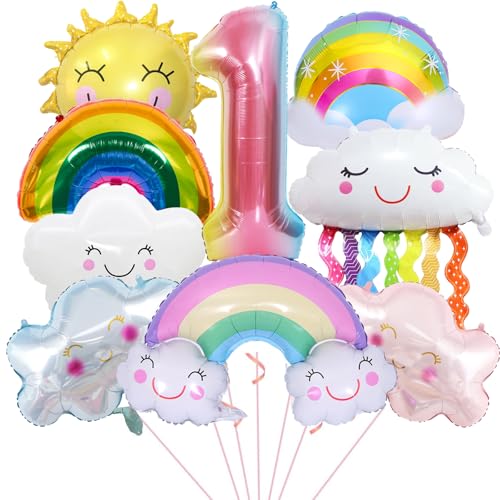 Regenbogen Geburtstagsdeko 1 Jahre Mädchen, Lächelnde Quasten Luftballon 1. Geburtstag Mädchen Junge, Wolkenförmige Sonne Ballon 1 Geburtstag Deko,Zahl 1 Folienballon,Kindergeburtstag Deko Luftballons von ALEGRE